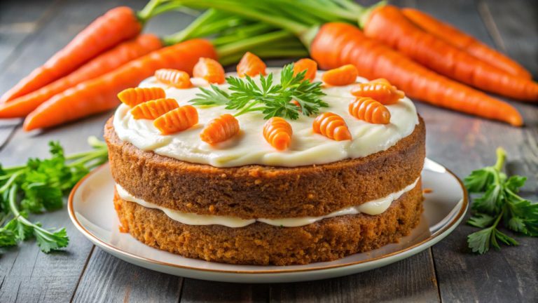 Pastel de zanahoria con betún blanco y decoración de zanahorias
