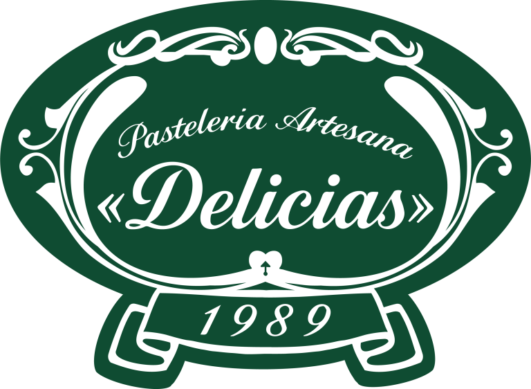 Logotipo Pastelería Delicias 1989 fondo verde.